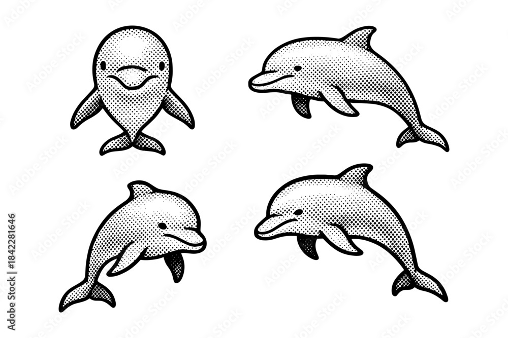 Fototapeta Retro style dolphin set featuring four halftone designs