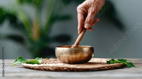 A person's hand (out of frame) is striking a small, bronze Tibetan singing bowl with a mallet