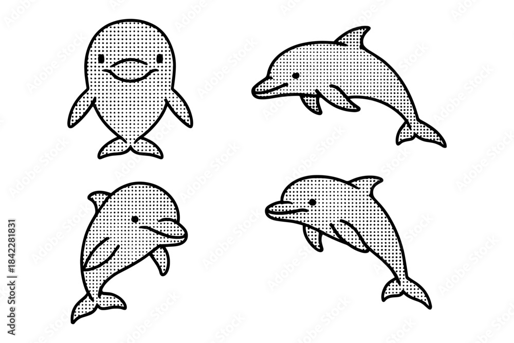 Obraz premium Halftone dolphin collection: cute cartoon sea animals in retro style