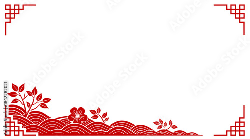 Traditional red and white Chinese border with floral and wave motifs, symbolizing cultural elegance, festive design, and Lunar New Year celebration