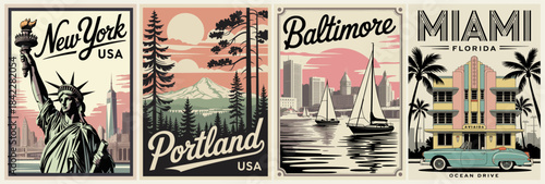 Retro-style horizontal set of four travel posters featuring New York, Portland, Baltimore, and Miami with minimalist illustrations and bold typography