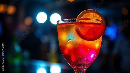 A vibrant cocktail glass with colorful liquid, dramatic backlighting creating a lively nightlife feel.