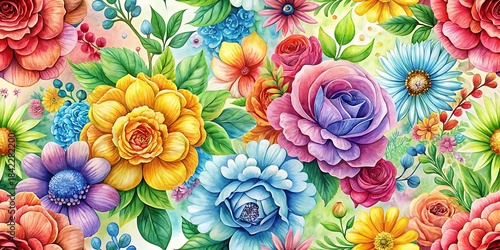 Colorful floral pattern with a variety of flowers including roses, daisies