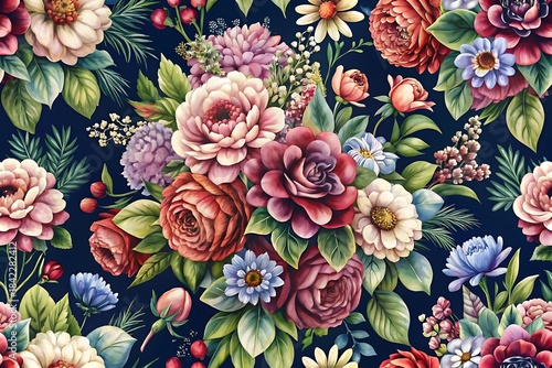Blue floral pattern with many different colored flowers