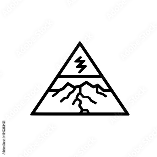 Caution triangle with mountain and thunderbolt elements showing storm hazard alert and protection