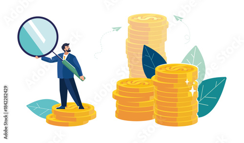 Businessman with magnifying glass analyzes dollar cents income, investor gold coins. Business finance, people. Economic growth from stock market or investment. Flat design, poster. Vector illustration