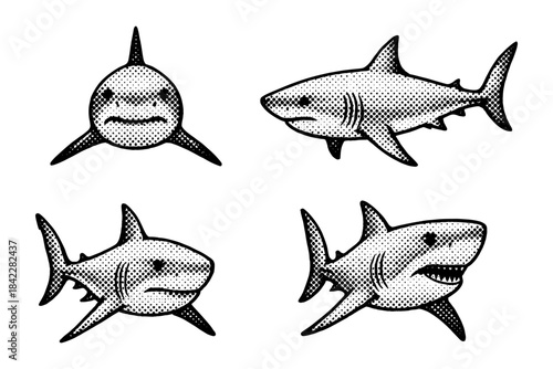 Halftone cartoon sharks with various expressions in vintage comic style