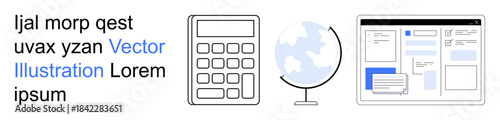 Education, digital learning, global concepts, technology, academic content, interface design. A calculator, globe text and web interface are . Education and digital learning concept