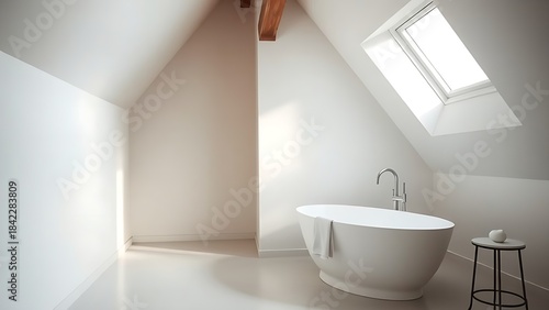 Elegant attic bathroom with freestanding bathtub and natural light from a window.