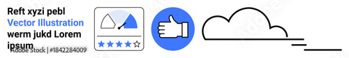 User feedback, satisfaction ratings, cloud technology, digital review systems, approval, online resources. Thumb up icon, star rating scale and cloud illustration. Feedback and satisfaction ratings
