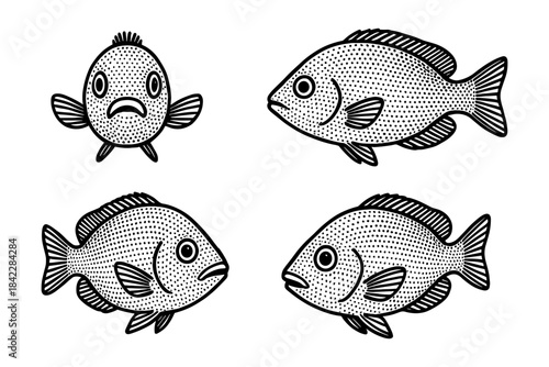 Vintage style fish set with detailed dot work and retro vibe