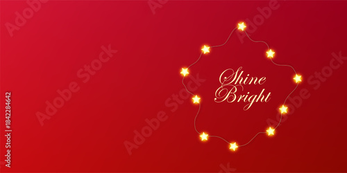 Star light garland wreath, fairy bulbs vector holiday card. Merry Christmas, Shine bright typography border. Wired lamps glow text, glitter ribbon ornament. Bright warm lightbulbs, star chain flatlay