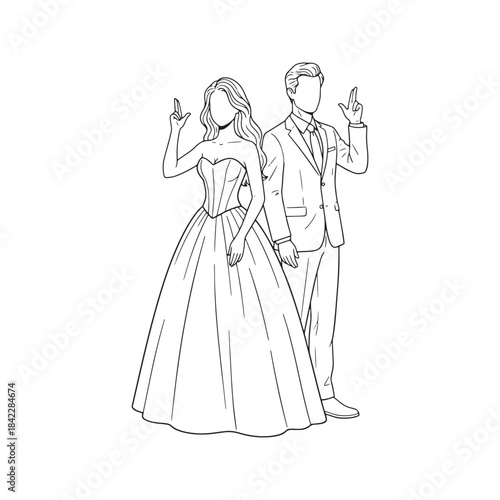 Line drawing illustration of a stylish couple standing back to back making finger gun gestures, wearing formal suit and dress, symbolizing partners in crime or secret agents.
