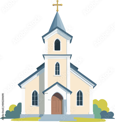 Flat vector illustration of classic beige church with  golden cross and tall steeple 
