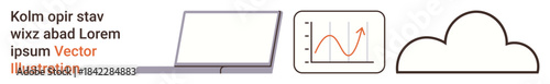 Cloud computing, data visualization, storage solutions, online analytics, file sharing, remote work. A laptop, a data chart and a cloud icon combination. Cloud computing and data visualization