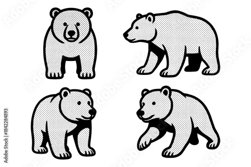 Retro dot style bear set: vintage grizzly bear variations with halftone effect