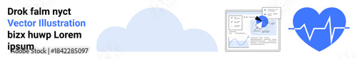 Data management, cloud computing, healthcare analytics, digital tools, technology, heart rate tracking. Blue cloud, analytics dashboard heart with a heartbeat wave. Cloud computing and healthcare