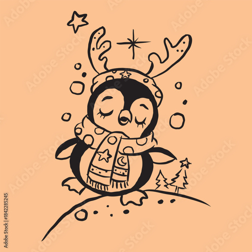 A little penguin with antlers and scarf vector for illustration card decoration