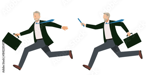 Relay Baton Handover Runners Illustration – Track and Field Sprint Athletes. Older White man.