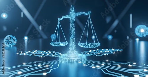 Scales of Justice Displayed with Circuitry Pattern as Symbol of Digital Technology