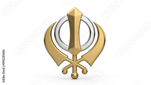 A gold and silver Khanda symbol with a doubleedged sword chakkar and kirpans against a white background
