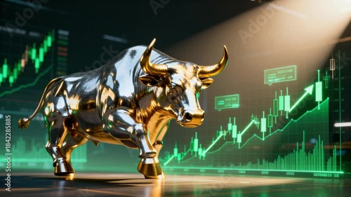 gigantic chrome bull statue charging holographic candlestick charts green uptrend perfect for crypto finance investment