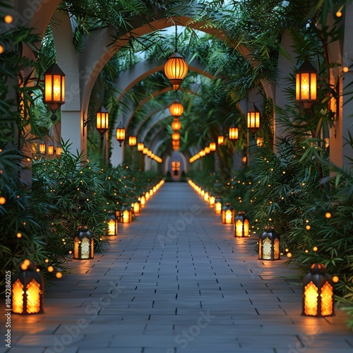 Serene pathway with arches, lanterns, and lush greenery in a peaceful outdoor setting