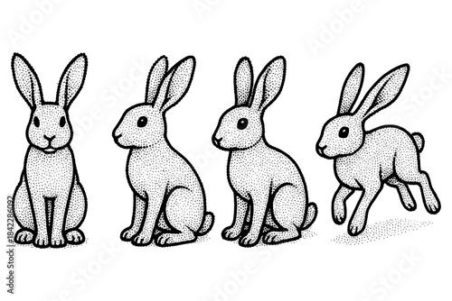 Vintage style rabbits in engaging poses with detailed dot work shading
