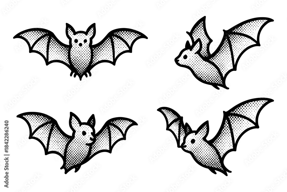 Naklejka premium Halftone bat collection: vintage monochrome designs in pop art style