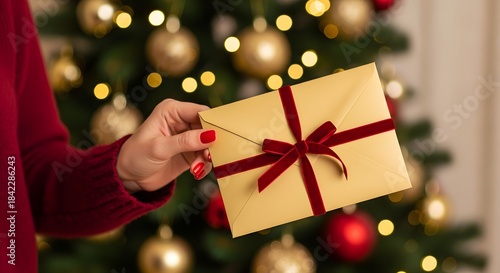 Hand Holding a Golden Envelope with Red Ribbon in Front of Decorated Christmas Tree