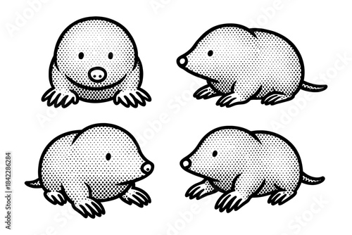 Set of retro comic style moles with halftone effect in black and white