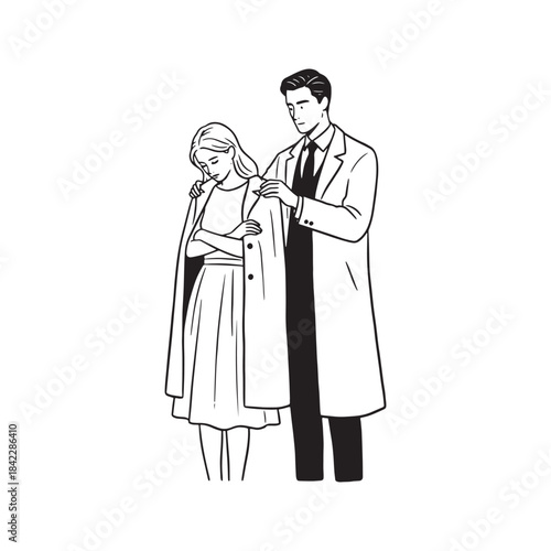 Sketch illustration of a man putting a coat around a woman's shoulders, symbolizing care, chivalry, and romance.
