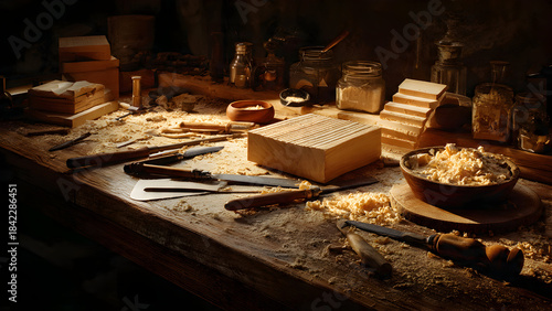 A woodcraft workshop table with chisels, carving blocks, sandpaper, and sawdust illuminated by warm directional lighting