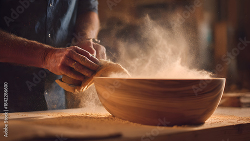 A woodworker sanding a wooden bowl with fine-grit sandpaper as soft curls of dust float through warm studio light