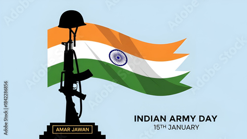 Indian Army Day tribute with soldier memorial silhouette and waving Indian flag representing 15 January pride in India concept showing patriot spirit and national gratitude for Republic honor 