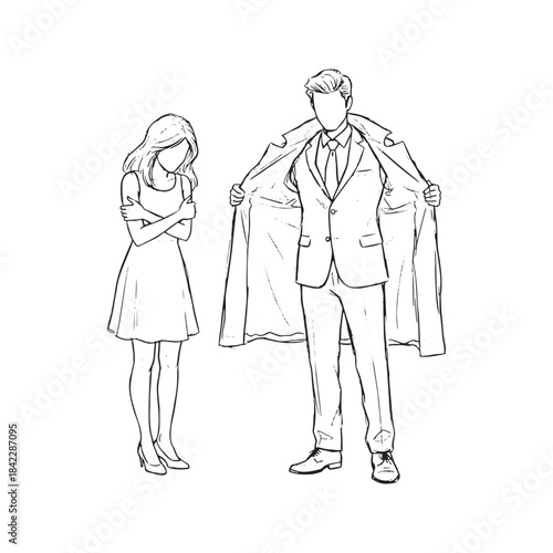 Sketch illustration of a man putting a coat around a woman's shoulders, symbolizing care, chivalry, and romance.
