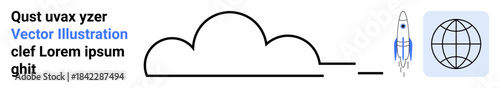 Cloud technology, global strategy, digital communication, innovation, space exploration, tech advancement. Abstract cloud shape, rocket and globe icon. Cloud technology and global strategy