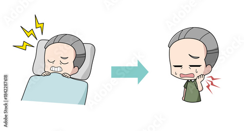 歯ぎしりが原因であごが痛む高齢男性のイラスト