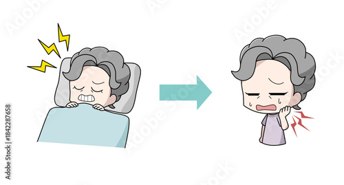 歯ぎしりが原因であごが痛む高齢女性のイラスト
