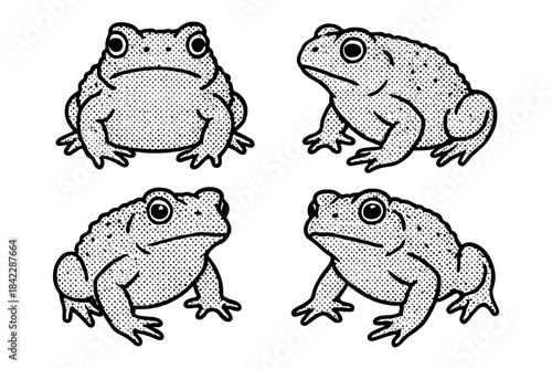Vintage dotted toad collection: retro style amphibian art in monochrome