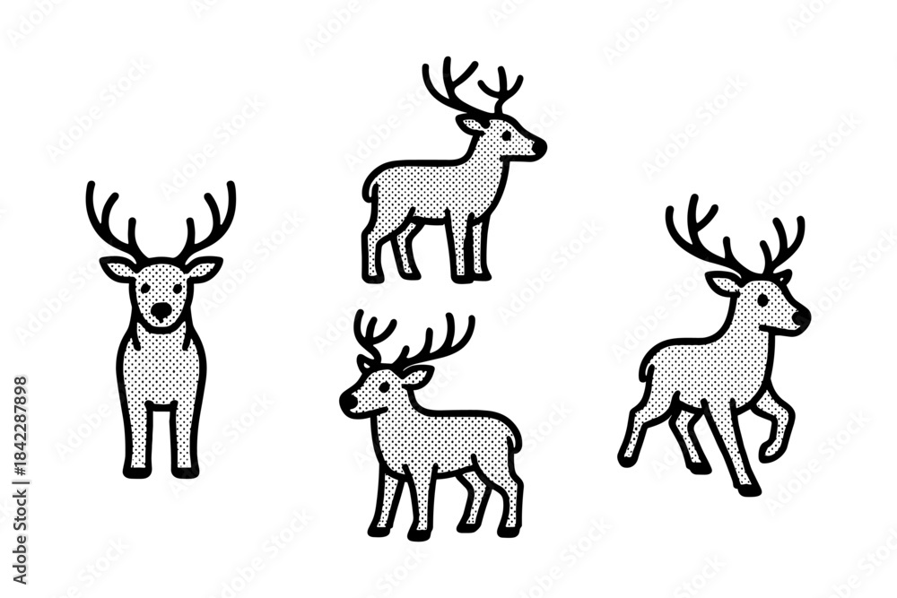 Fototapeta premium Halftone deer silhouettes set with antlers on white background