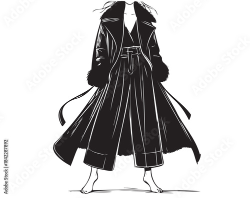 Abstract sketch fashion models in black coat and wide pants