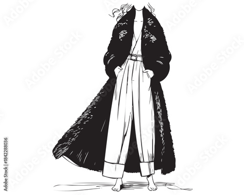 line sketch fashion girls in very long wide pants and leather winter sheepskin coat