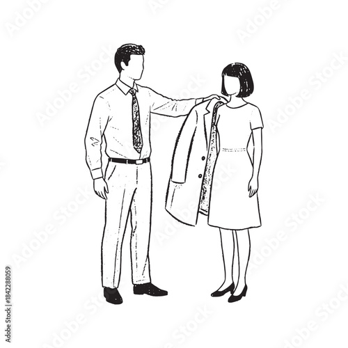 Sketch illustration of a man putting a coat around a woman's shoulders, symbolizing care, chivalry, and romance.
