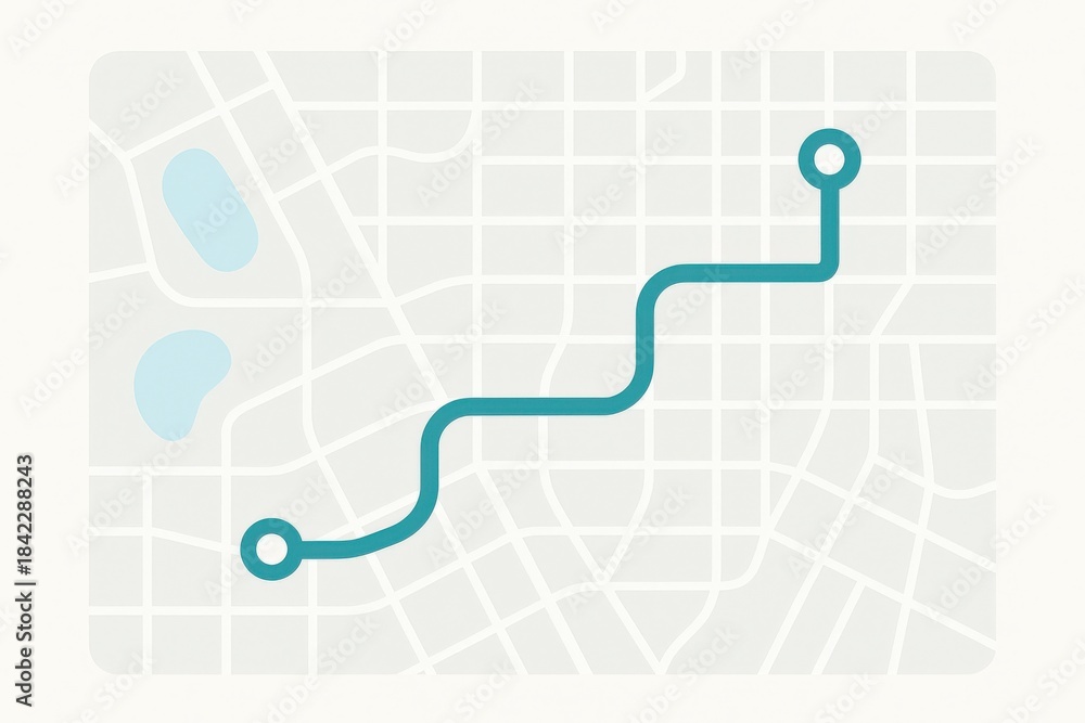 Obraz premium Abstract map illustration outlining an urban route with distinct paths and water features reflecting modern navigation concepts and city planning aesthetics