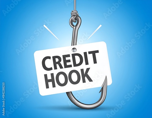 Metallic fish hook holding a white card that spells 