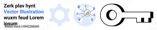 Security, connectivity, technology, innovation, digital systems, access management. Key, gear icon network with pins. Security and connectivity concepts access and digital systems