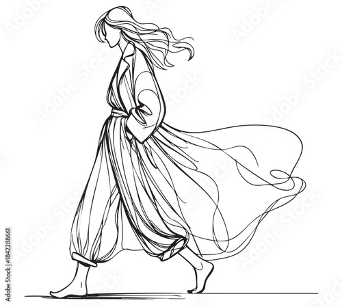 Fashion model. line sketch fashion girl in coat