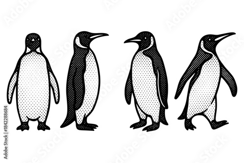 Ink style penguin set showcasing detailed vintage dot design