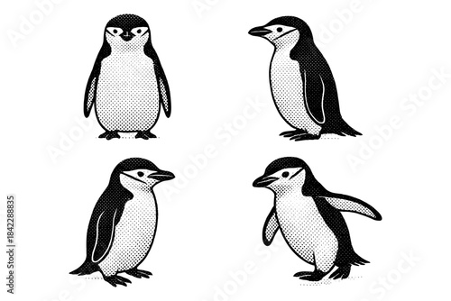 Halftone penguin collection: classic black and white animal designs